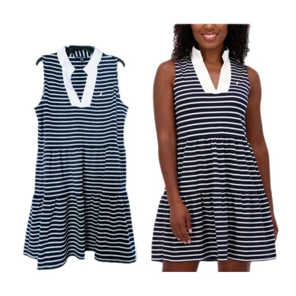 Nautica Jeans Womens Stretchy Tiered Dress XXL Navy Ivory Stripe Sleeveless NWT - Picture 1 of 16